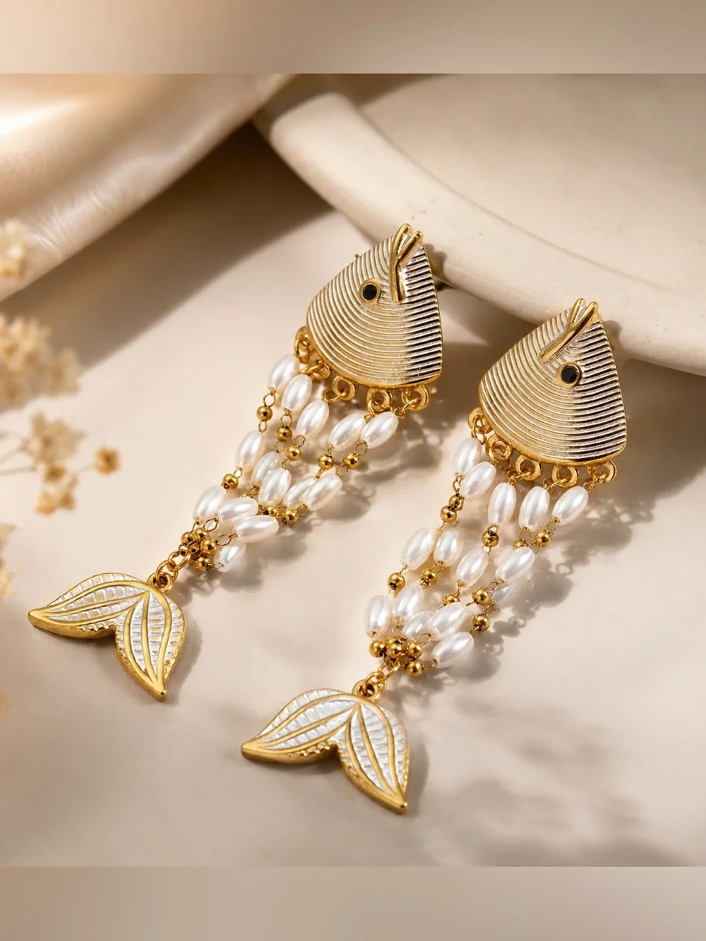 Fish and Pearl Tassel Statement Earrings | Ocean-Inspired Dangle Earrings